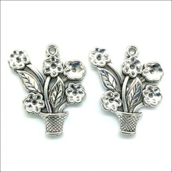 Handmade Jewelry - 2 Womens Antique Silver Growing Flowerpot Pendant/Charms